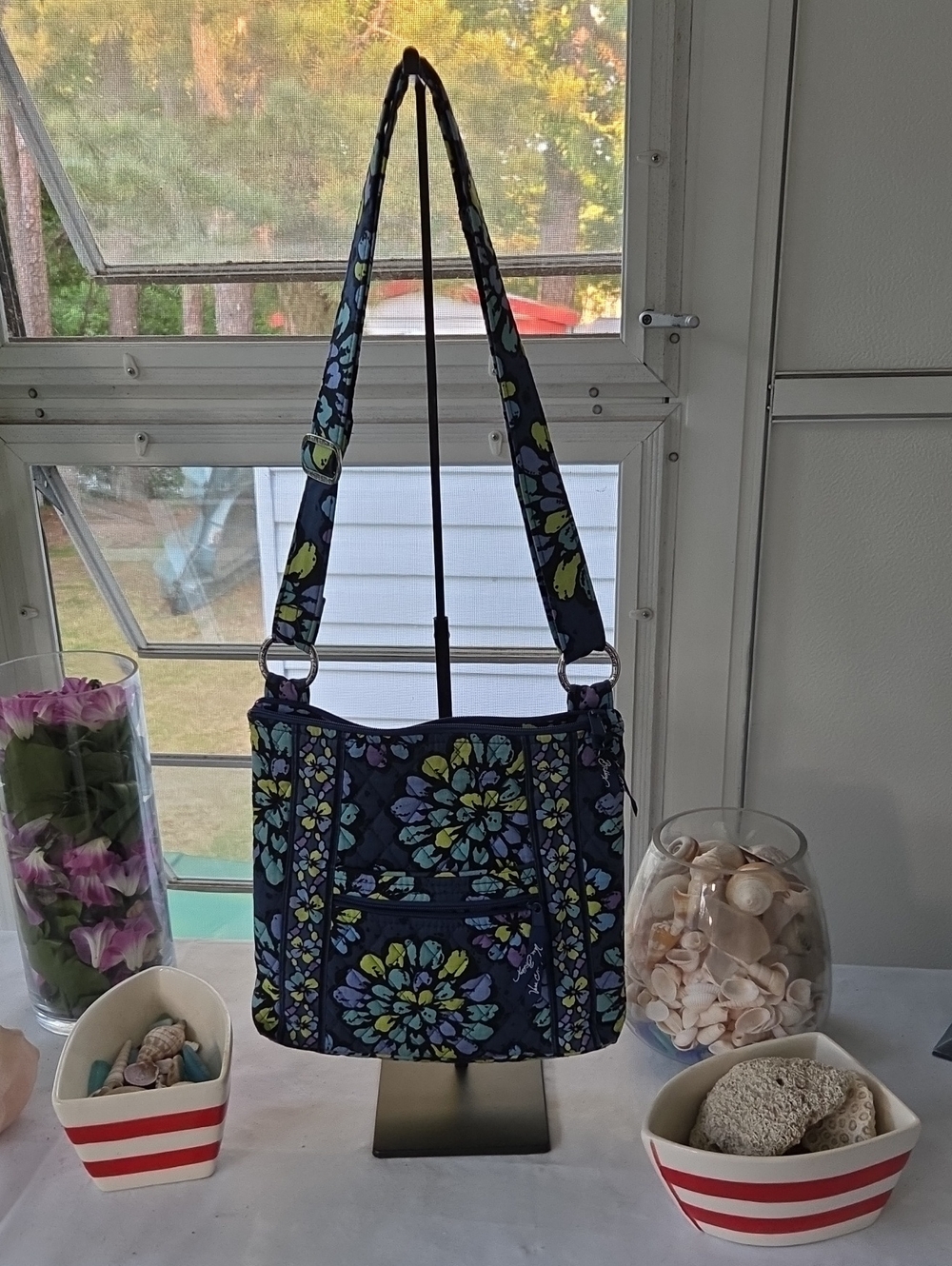 Vera Bradley Navy Quilted Floral Crossbody with Blue, Green and Purple Accents.